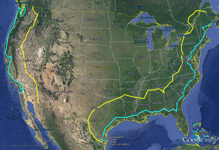 image shows revised composite shipborne radar exclusion zones in the lower 48 states, reduced from the Fast Track exclusion zones