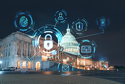 Illuminated Home of Congress and Capitol Hill. The concept of cyber security to protect confidential information, padlock hologram