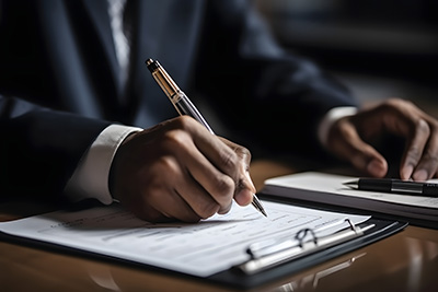 A man sitting on a desk with a clipboard and a stack of papers.