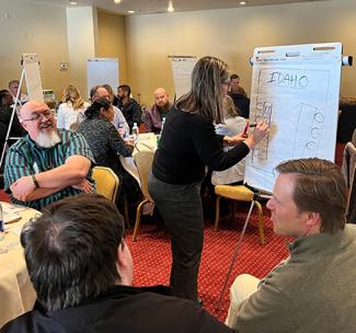 Gathering of people in groups each with a board with someone writing on it